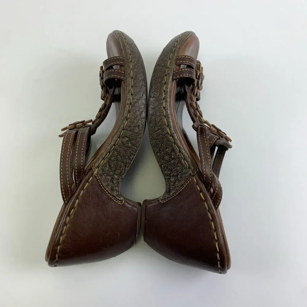 Born Brown Leather Floral Cut Out Slide Wedge Sandal Studded Heel Womens 7